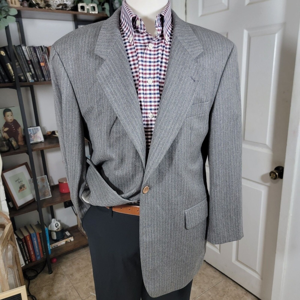 VTG Hugo Boss Mens Sport Coat Two Button Gray Striped Lanficio Wool Cashmere 42R
